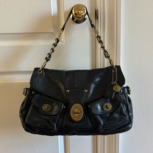 Coach Black Leather Shoulder Bag with Brass Chain Strap